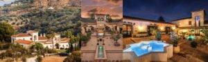La Esperanza Granada luxury estate — panoramic view of the Andalusian hacienda, formal gardens with reflecting pool, and evening courtyard with jacuzzi and backdrop of the Sierra Nevada Mountains of Spain.