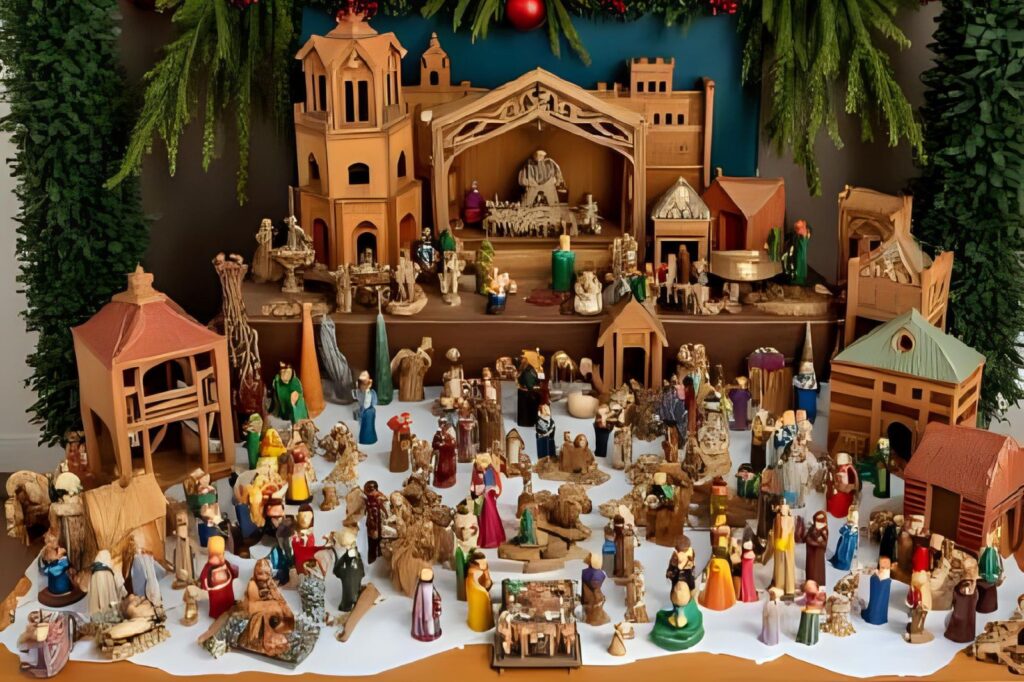 Detailed nativity scene in Granada, Spain featuring handcrafted figures and rustic wooden stables.