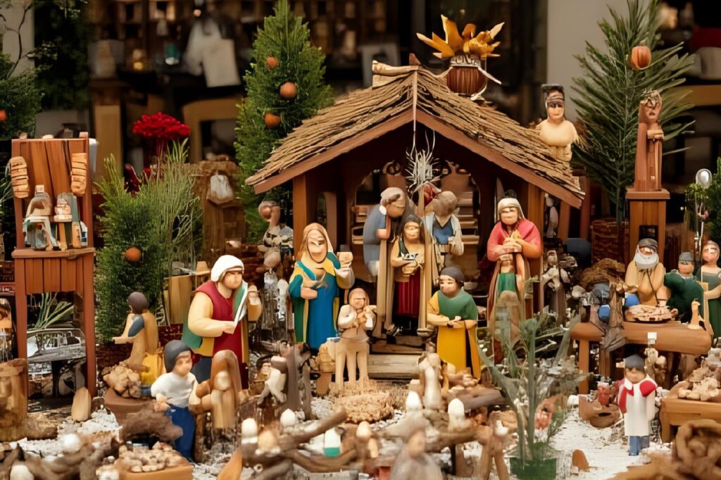 Traditional Andalusian nativity scene in Granada with hand-painted figures celebrating Christmas in southern Spain.
