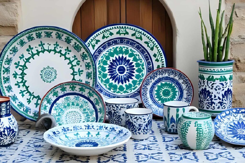 Hand-painted Fajalauza ceramics in blue and green on white pottery, a traditional Granada souvenir crafted by local artisans in Andalusia.
