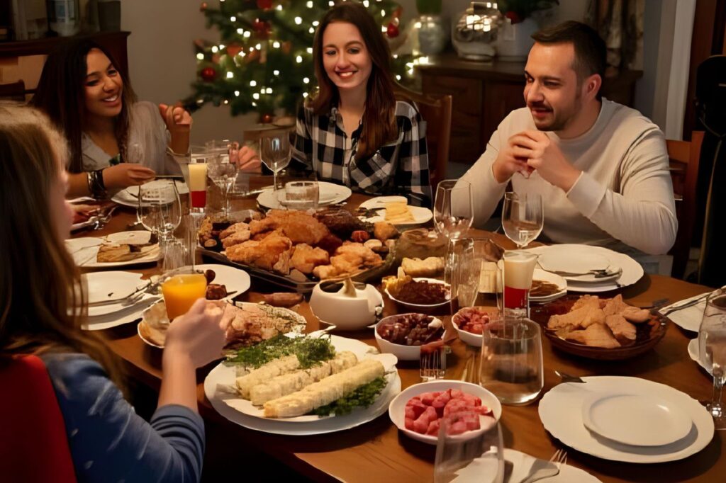 Families gather to celebrate Christmas Eve in Spain with mass and a midnight dinner at home featuring traditional Spanish holiday foods.