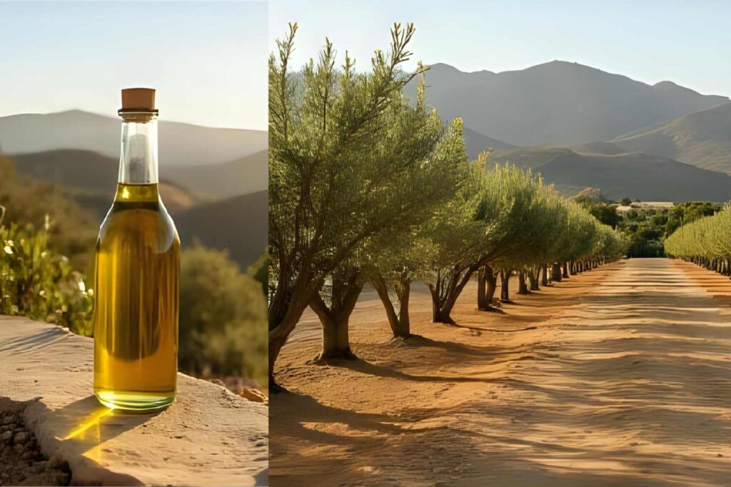 Bottles of extra virgin olive oil from Andalusia arranged with fresh olives and bread, representing one of the best souvenirs to buy in Granada.