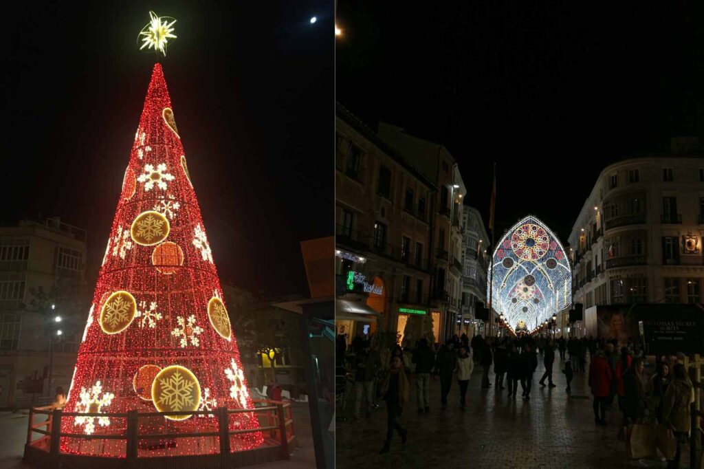 View of Málaga port and palm trees decorated for Christmas in Malaga
