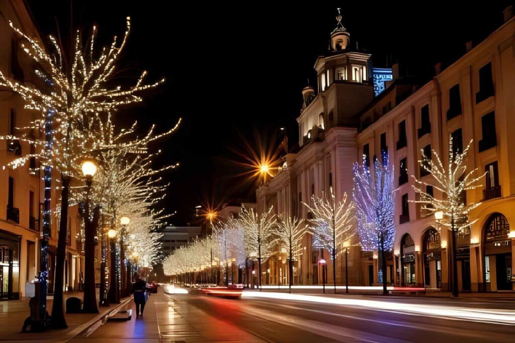 Colorful lights line the streets during Christmas in Granada
