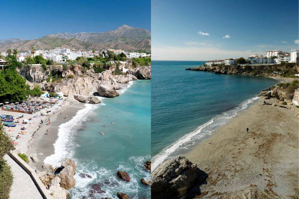 Panoramic views of the beaches of Nerja on Spain’s Costa Tropical, with turquoise Mediterranean waters, dramatic cliffs, and whitewashed houses overlooking the shoreline — a beloved seaside town often called the Balcony of Europe.