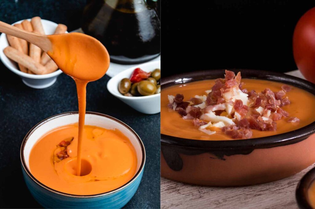 Close-up of creamy salmorejo finished with jamón and hard-boiled egg, showcasing the rich texture and signature garnishes.