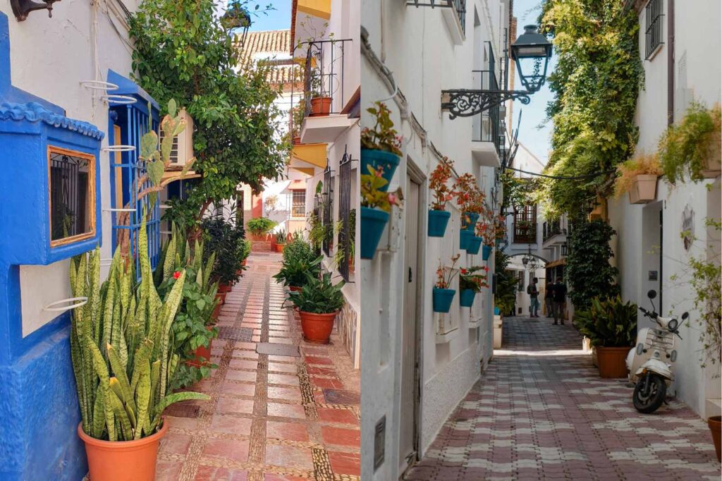 Narrow cobblestone street in Marbella’s Old Town lined with whitewashed houses, blue doors, and colorful flower pots, reflecting the classic Andalusian charm of southern Spain.