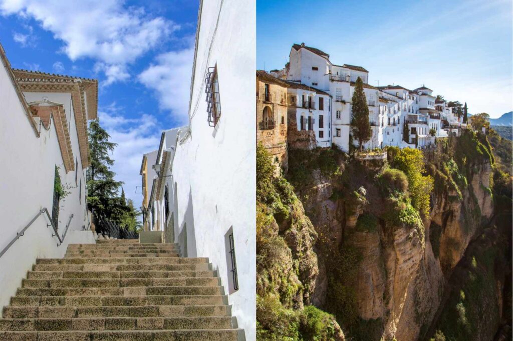 Charming whitewashed buildings and narrow cobblestone streets in Ronda, Andalusia, Spain, with traditional houses perched dramatically above the El Tajo Gorge — a perfect example of Andalusia’s classic hilltop architecture.