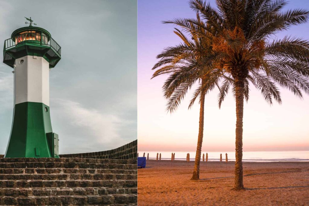 Green-and-white lighthouse standing by the sea at sunset in Marbella, framed by tall palm trees and a calm Mediterranean horizon.