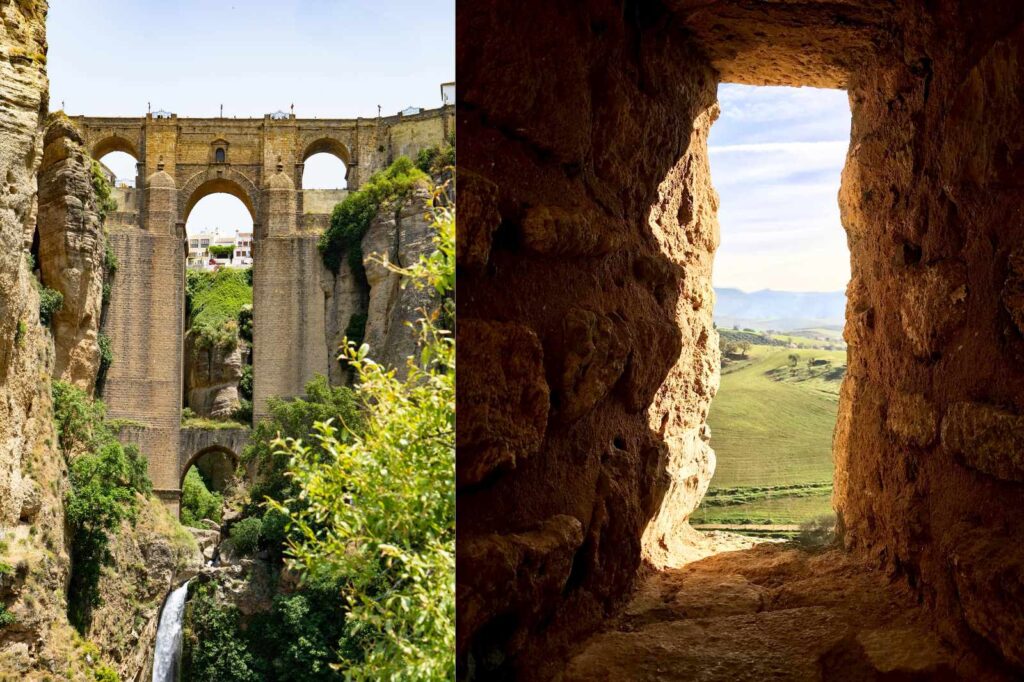 The Puente Nuevo bridge spanning the deep El Tajo Gorge in Ronda, Andalusia, Spain, surrounded by lush greenery and dramatic rock formations — one of the most photographed landmarks in southern Spain.