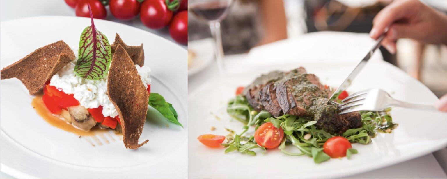 Farm-to-table cuisine at La Esperanza Granada — elegant Andalusian dishes featuring fresh local ingredients, including roasted vegetables with ricotta and herb-grilled steak with cherry tomatoes and greens. Showcasing the luxury villa’s gourmet dining and award-winning hacienda hospitality in Andalucía, Spain.