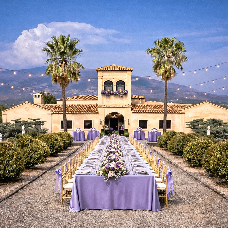 Elegant outdoor wedding reception at La Esperanza Granada luxury hacienda in Andalusia Spain featuring long banquet tables, palm trees, and mountain views near Granada