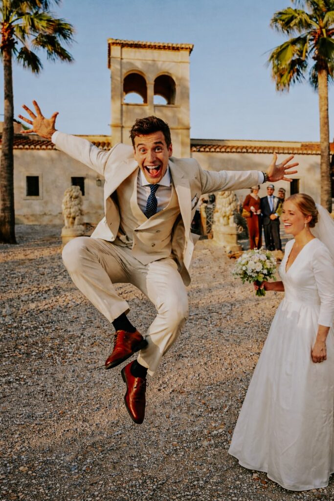 Joyful groom celebrating after a traditional Spanish wedding ceremony at La Esperanza Granada hacienda in Andalusia with bride and guests in the courtyard